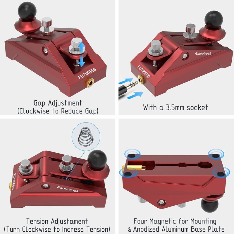 Putikeeg CW Morse Code Key - Pocket Morse Code Telegraph Key Aluminum Alloy Base Grey for Amateur Radio Ham Operators, Adjustable Tension (Red) - Image 3